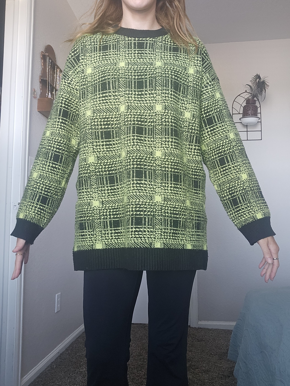 Wildfang Neon Green & Black Plaid Crewneck Sweater